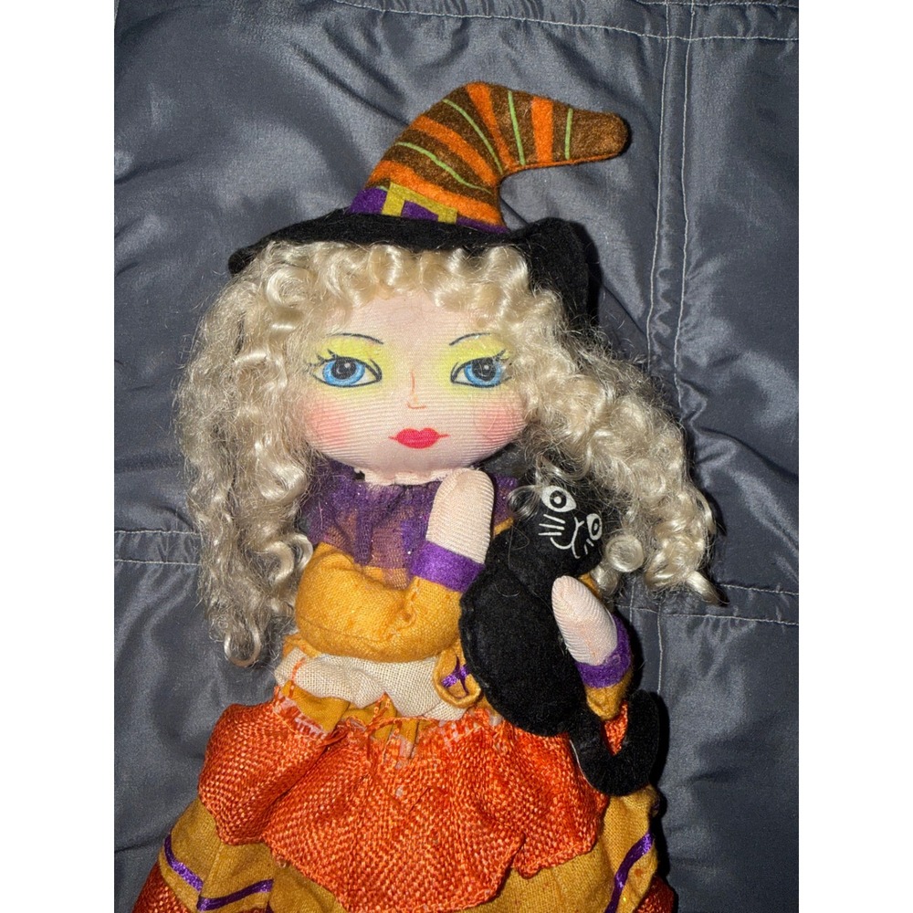 Halloween Witch Cloth Doll Blonde Hair Orange Tiered Dress Black Cat 20 Inch